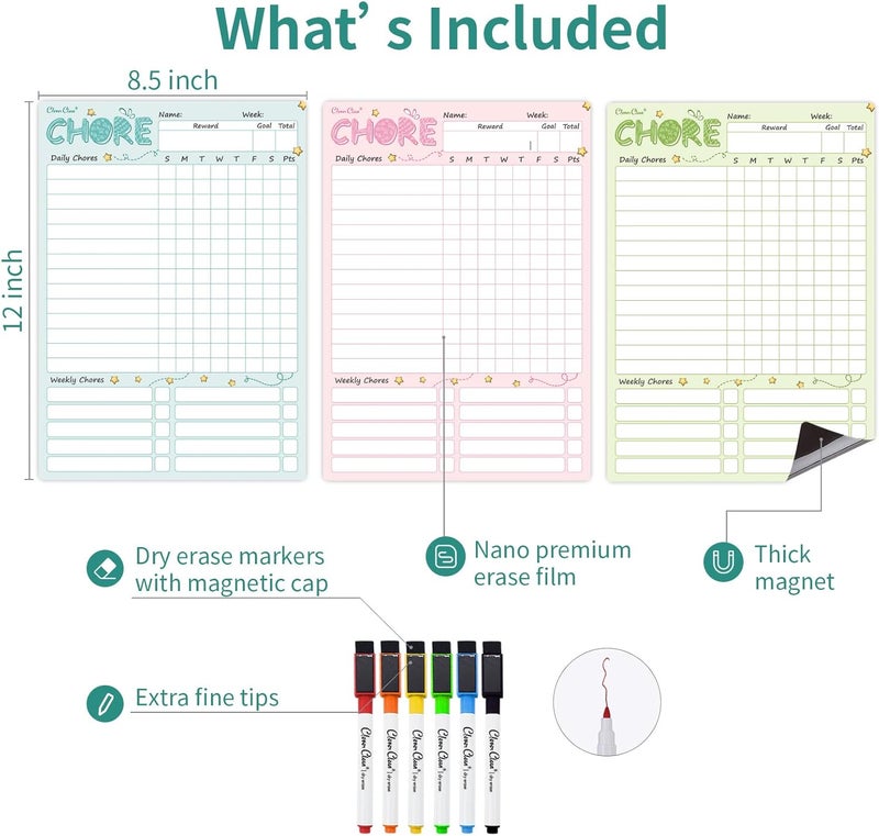 Clever Clean Magnetic Dry Erase Chore Chart - 8.5"x12" Behavior Responsibility Chore Board for Kids, Teenagers - 6 Extra Fine Point Markers Included - Shipped Flat 3 Pcs Blue Pink & Green - Image 2